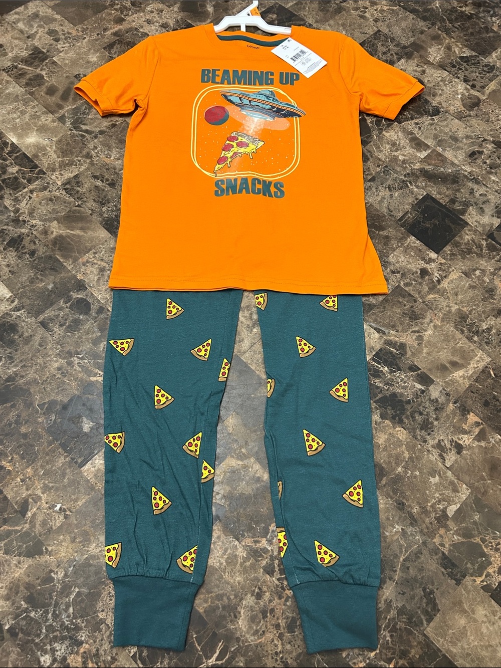 NWT 🆕 Beaming Up Snacks Orange Tee & Teal Pizza Pyjama Set 100% cotton